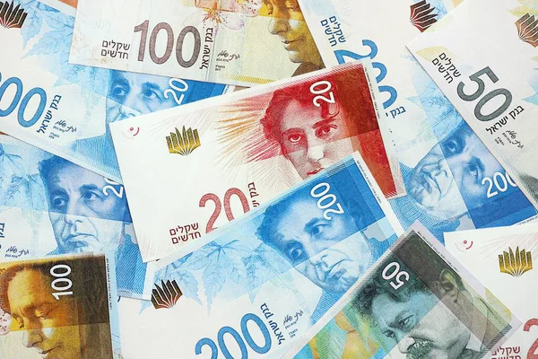 Israel New Shekels banknotları. İsrail 'in şu anki para faturaları büyük miktarda masada yatıyor. İsrail 'de iş ve yatırım kavramı