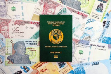 Nijerya naira para birimi faturaları ve pasaport kapatılıyor. Seyahat ve tatil kavramı