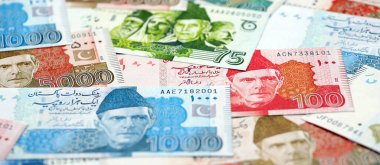 Pakistan banknotları. Pakistan 'ın mevcut para faturaları büyük miktarda masada yatıyor. Pakistan 'da iş ve yatırım kavramı