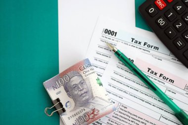 Nijerya naira para faturaları ve vergi formlu hesap makinesi. Vergi ve muhasebe kavramı