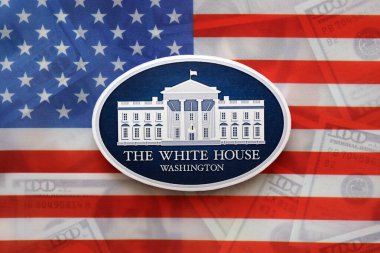KYIV, UKRAINE - SEPTEMBER 17, 2025 The White House Washington badge on United States of America flag close up