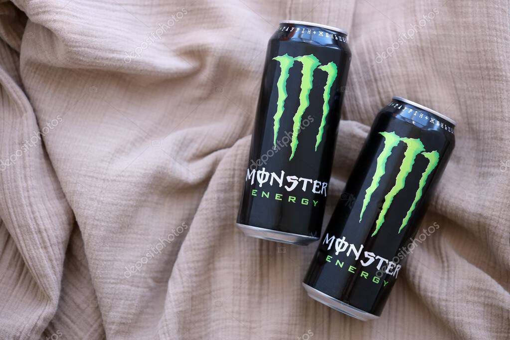 KYIV, UKRAINE - SEPTEMBER 21, 2025 Monster energy drink with new tin can design close up