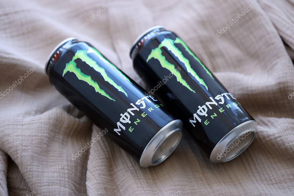 KYIV, UKRAINE - SEPTEMBER 21, 2025 Monster energy drink with new tin can design close up