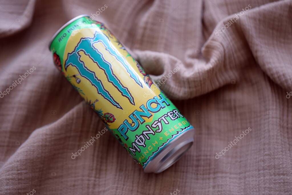 KYIV, UKRAINE - SEPTEMBER 21, 2025 Monster energy drink with new tin can design close up