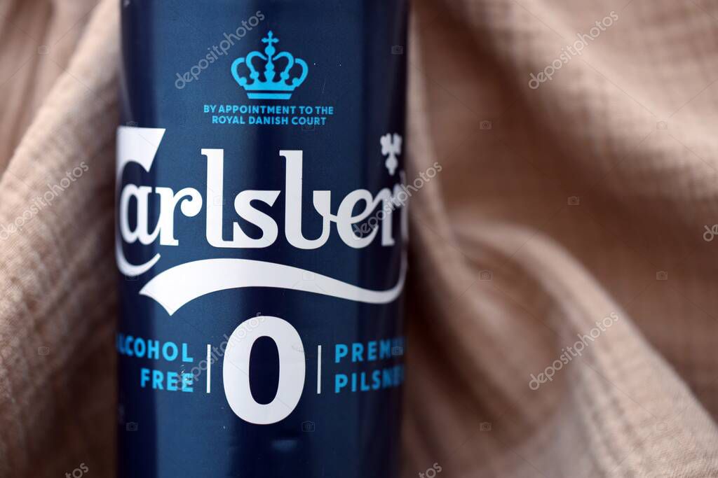KYIV, UKRAINE - SEPTEMBER 21, 2025 Carlsberg zero alcohol or non alcohol aluminum tin can close up
