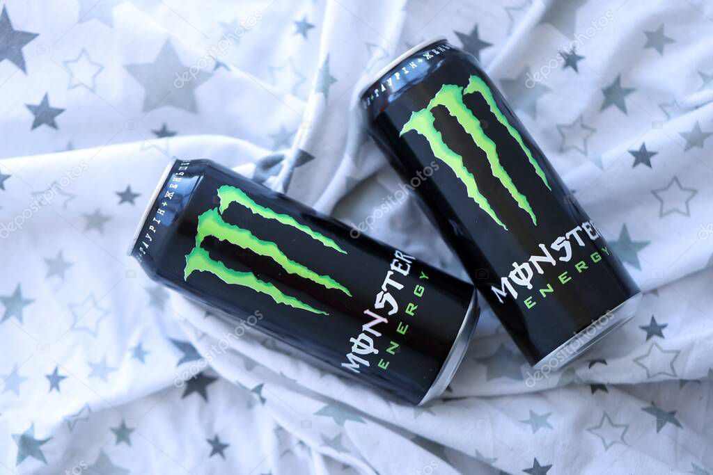KYIV, UKRAINE - SEPTEMBER 21, 2025 Monster energy drink with new tin can design close up