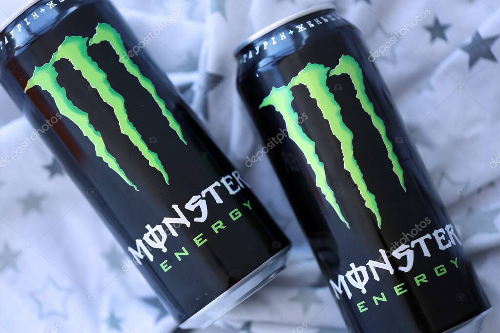KYIV, UKRAINE - SEPTEMBER 21, 2025 Monster energy drink with new tin can design close up