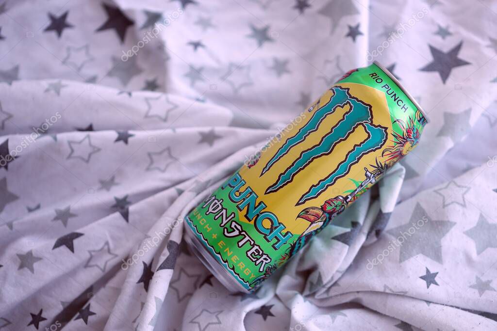 KYIV, UKRAINE - SEPTEMBER 21, 2025 Monster energy drink with new tin can design close up
