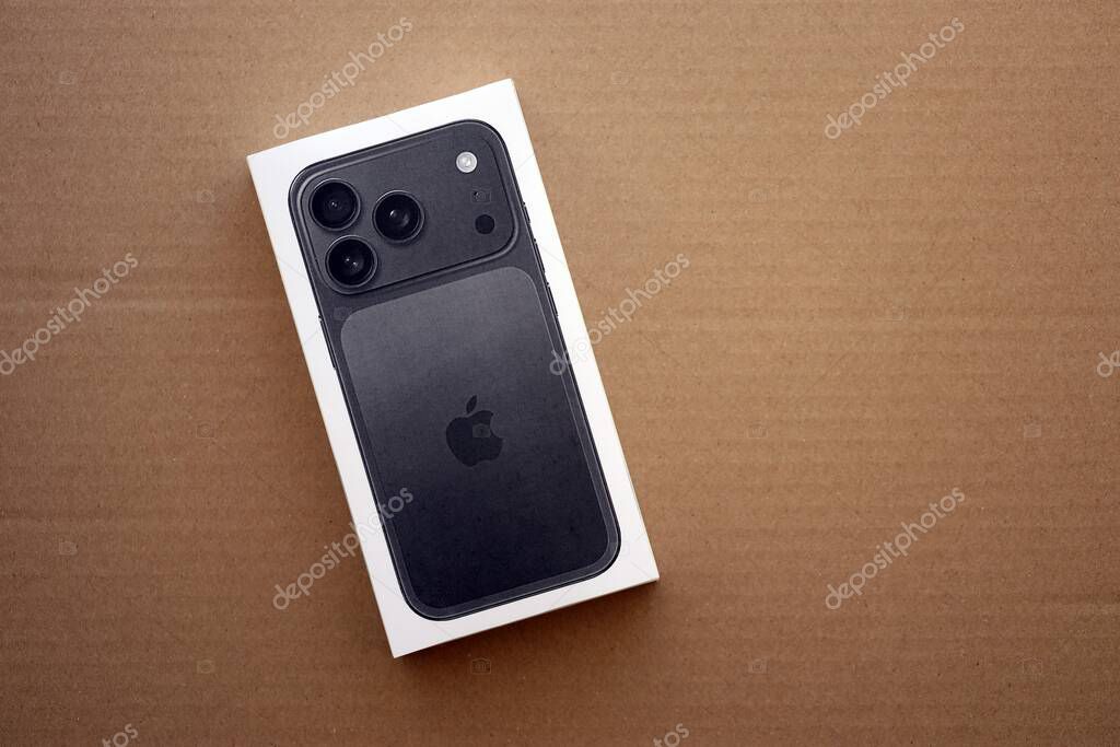 KYIV, UKRAINE - SEPTEMBER 21, 2025 Apple iPhone 17 Pro Max Black box on cardboard surface close up