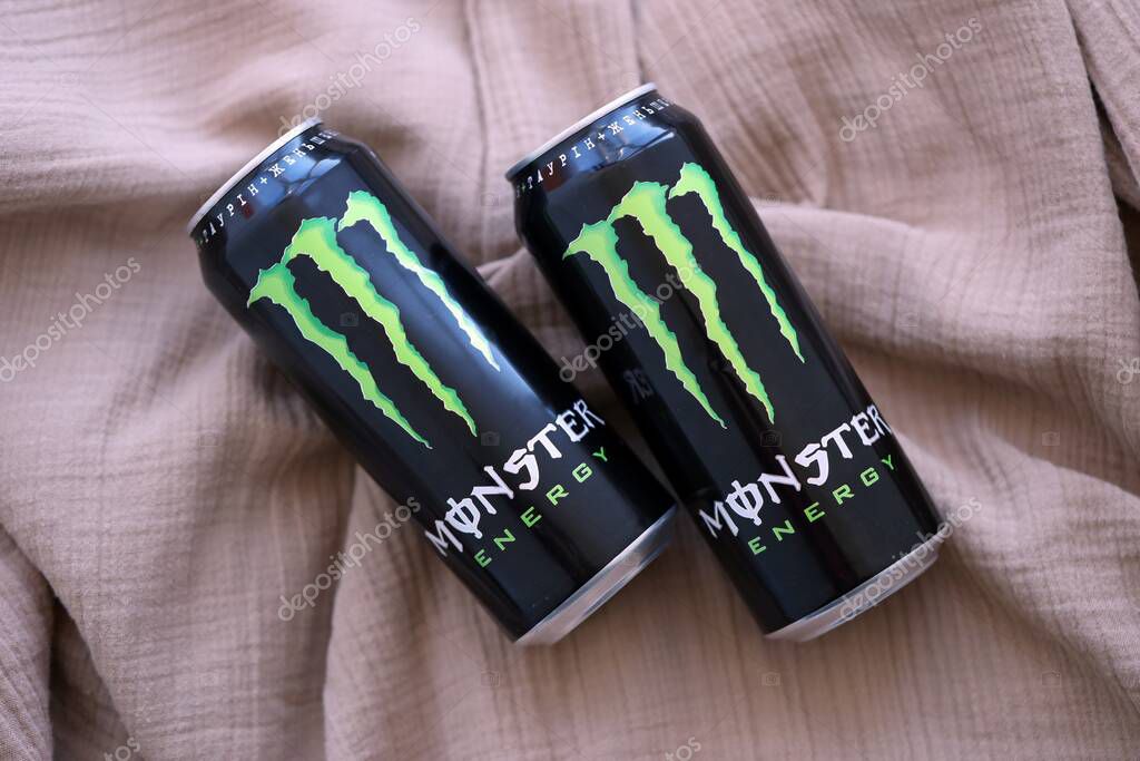 KYIV, UKRAINE - SEPTEMBER 21, 2025 Monster energy drink with new tin can design close up