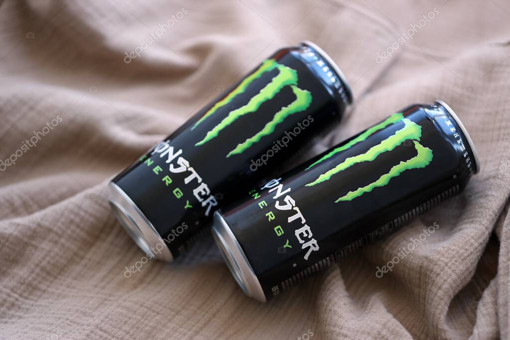 KYIV, UKRAINE - SEPTEMBER 21, 2025 Monster energy drink with new tin can design close up