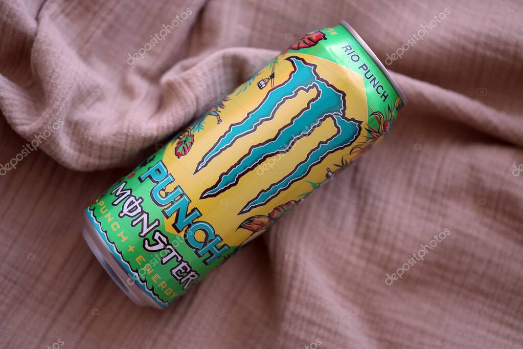 KYIV, UKRAINE - SEPTEMBER 21, 2025 Monster energy drink with new tin can design close up