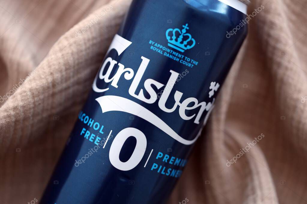 KYIV, UKRAINE - SEPTEMBER 21, 2025 Carlsberg zero alcohol or non alcohol aluminum tin can close up