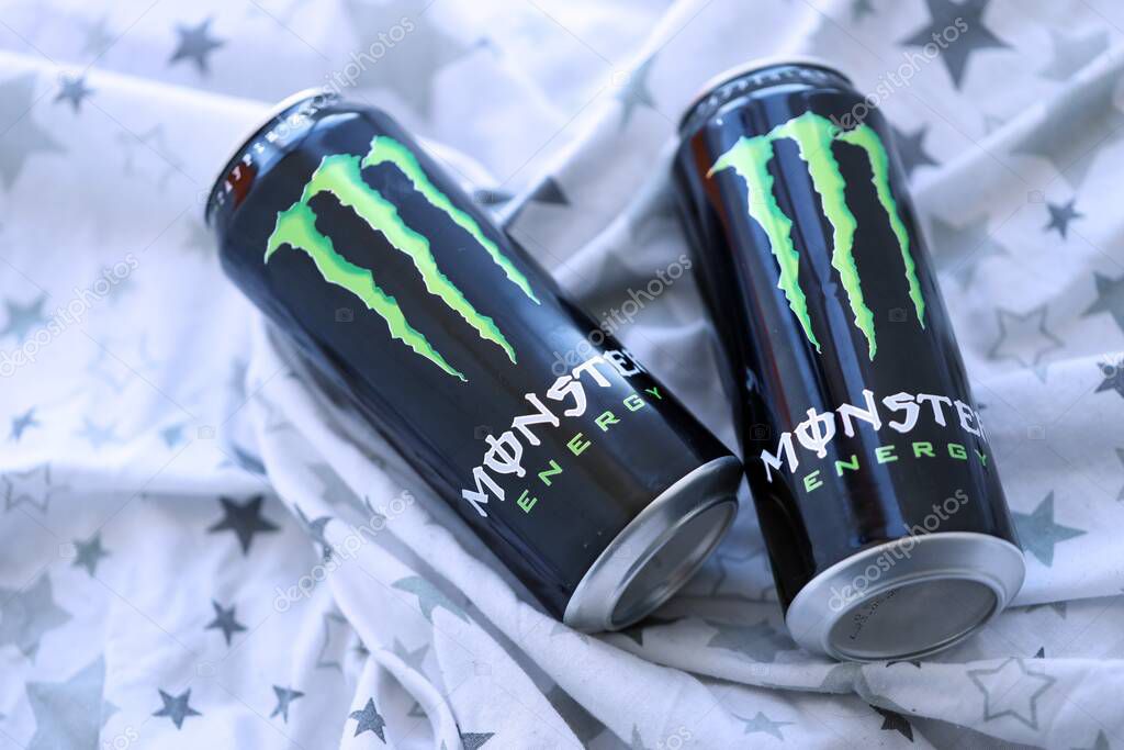 KYIV, UKRAINE - SEPTEMBER 21, 2025 Monster energy drink with new tin can design close up