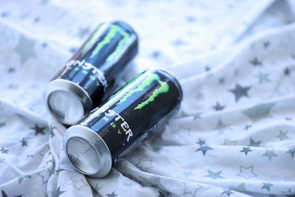KYIV, UKRAINE - SEPTEMBER 21, 2025 Monster energy drink with new tin can design close up