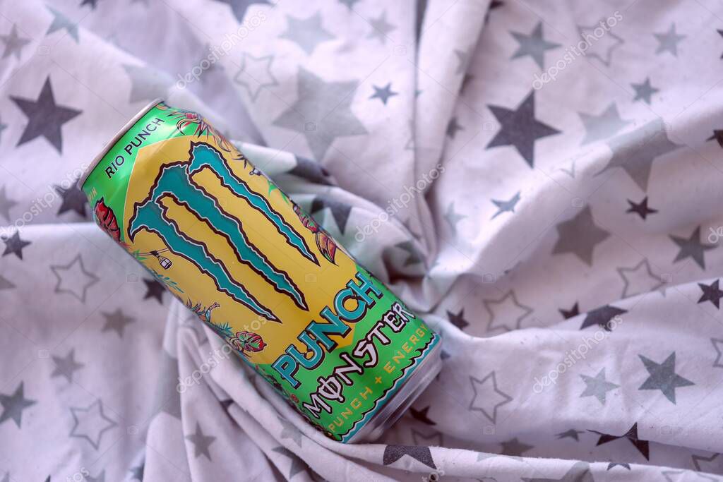 KYIV, UKRAINE - SEPTEMBER 21, 2025 Monster energy drink with new tin can design close up