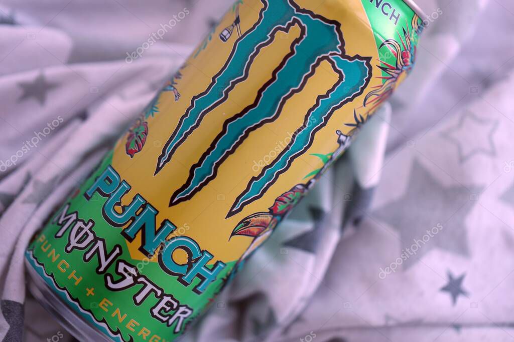 KYIV, UKRAINE - SEPTEMBER 21, 2025 Monster energy drink with new tin can design close up