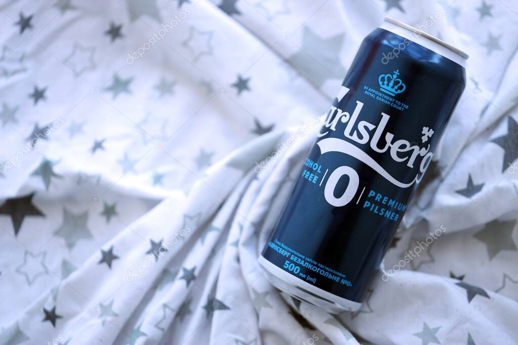 KYIV, UKRAINE - SEPTEMBER 21, 2025 Carlsberg zero alcohol or non alcohol aluminum tin can close up