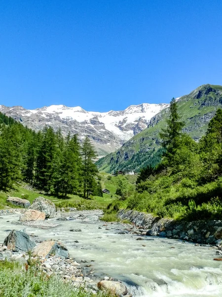 Littel 河在阿尔卑斯山 Gressoney 山谷位于意大利北部的奥斯塔山谷 它的标志是赖氨酸河 其来源是蒙罗莎冰川 — 图库照片