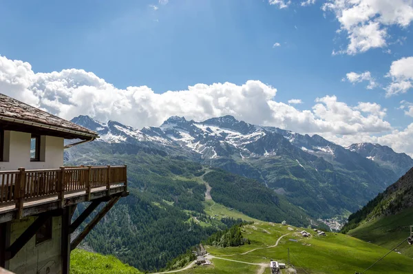 Panoramic view of the alpine valley of Gressoney near Monte Rosa, Aosta Valley, northern Italy. Gressoney Valley is situated in the Aosta Valley, in northern Italy. It is marked by Lys river whose source is the glacier of Monte Rosa.