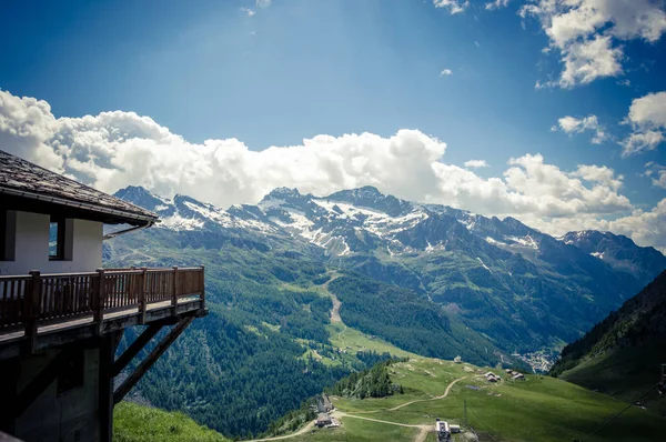 Panoramic view of the alpine valley of Gressoney near Monte Rosa, Aosta Valley, northern Italy. Gressoney Valley is situated in the Aosta Valley, in northern Italy. It is marked by Lys river whose source is the glacier of Monte Rosa.