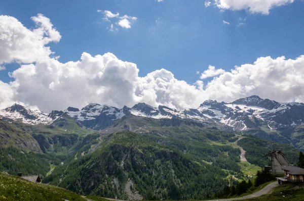 Panoramic view of the alpine valley of Gressoney near Monte Rosa, Aosta Valley, northern Italy. Gressoney Valley is situated in the Aosta Valley, in northern Italy. It is marked by Lys river whose source is the glacier of Monte Rosa.