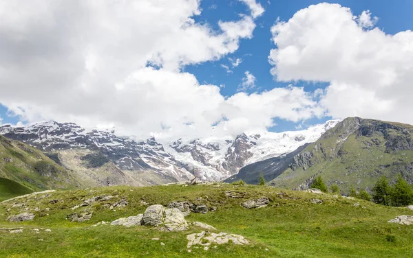 Panoramic view of the alpine valley of Gressoney near Monte Rosa, Aosta Valley, northern Italy. Gressoney Valley is situated in the Aosta Valley, in northern Italy. It is marked by Lys river whose source is the glacier of Monte Rosa.