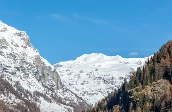 Panoramic view of the alpine valley of Gressoney near Monte Rosa, Aosta Valley, northern Italy. Gressoney Valley is situated in the Aosta Valley, in northern Italy. It is marked by Lys river whose source is the glacier of Monte Rosa.