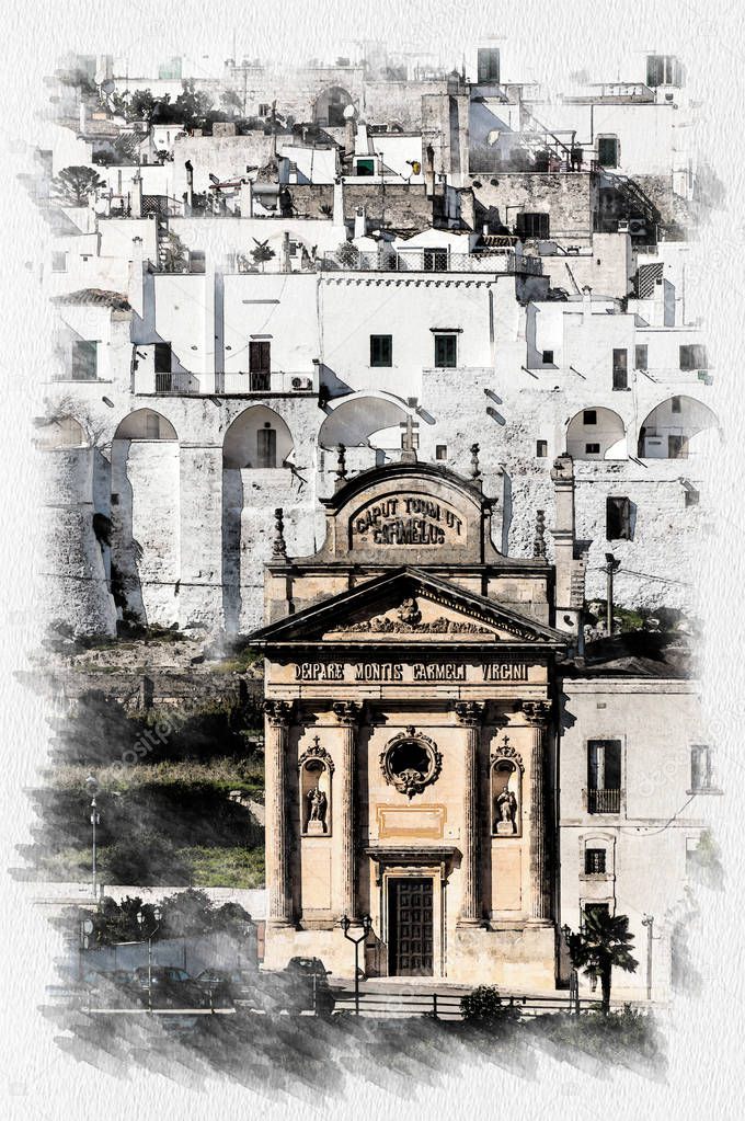 Panoramic view of the white village of Ostuni in Salento on the Adriatic sea