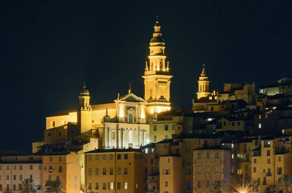 Panoramic lovely view of the Menton old town in full night