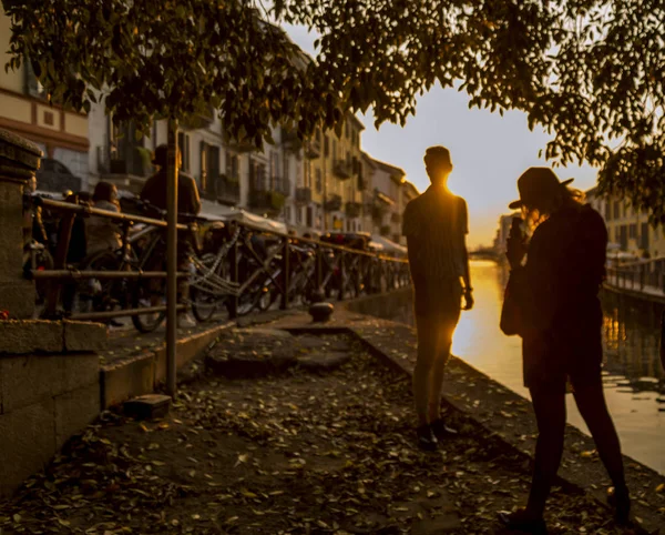 Puesta Sol Naviglio Grande Centro Milán — Foto de Stock