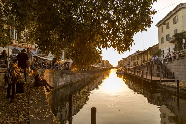 Puesta Sol Naviglio Grande Centro Milán — Foto de Stock