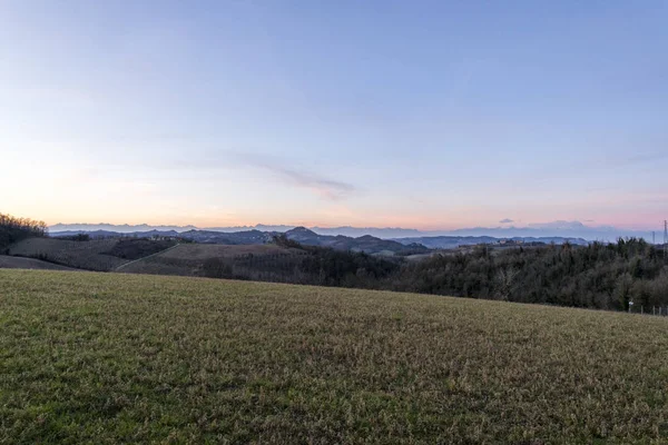 Coucher Soleil Sur Les Collines Montferrat Pendant Hiver — Photo