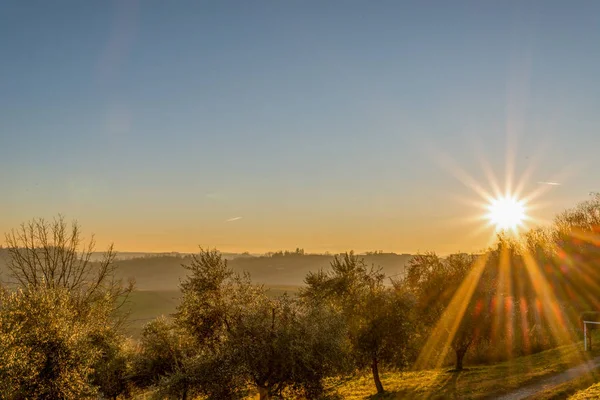 Coucher Soleil Sur Les Collines Montferrat Pendant Hiver — Photo