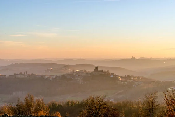 Coucher Soleil Sur Les Collines Montferrat Pendant Hiver — Photo