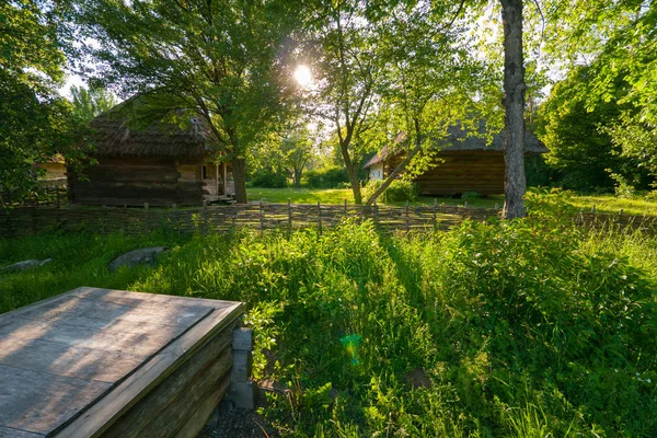 Velhas casas de madeira na aldeia árvores verdes embutidas e grama — Fotografia de Stock