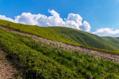 Dağ altında parlak mavi gökyüzü bulutlu yeşil yamacında yolu