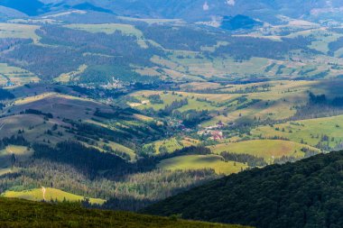 Uzun boylu ağaçlar ile bir dağ eteğindeki küçük bir otantik kırsal köy