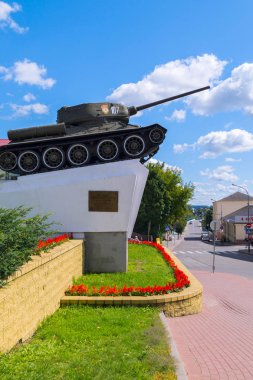 Anıt ile bir tank kırmızı çiçekler ile güzel bir yeşil flowerbed karşı