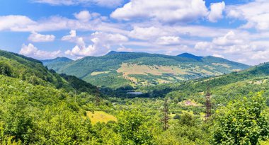 Güç hatları uzatılmış bir yeşil dağ tarafından ağaçların üzerinden