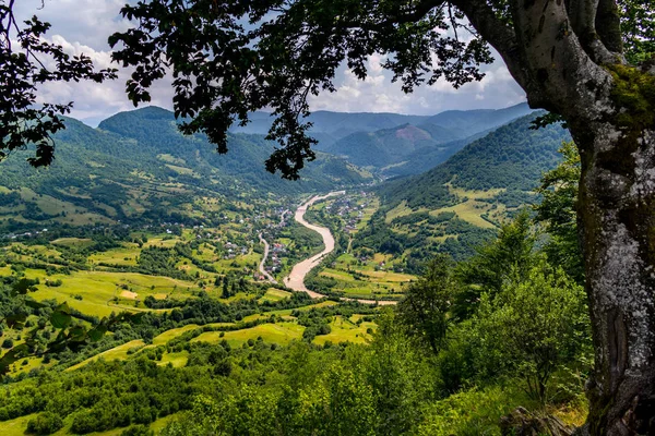 Zümrüt tepeleri arasında bir köy. Yeşil çim ve mavi gökyüzü ile birlikte özel bir izlenim bırakır — Stok fotoğraf