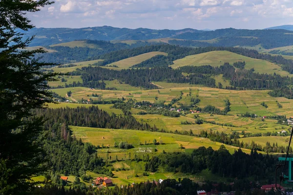 Ein Panorama grüner Hügel mit dunklen Flecken hohen Waldes in den Karpaten — Stockfoto