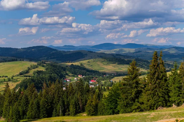 Der grüne Berghang mit hohen Nadelbäumen und einem kleinen hübschen Dorf im Hintergrund — Stockfoto