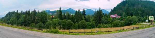 Quirky asphalt road with a wooden fence and a view of small houses and hotels amidst large green mountains — Stock Photo, Image