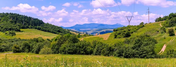 Reife Felder an grünen Berghängen, eine Landschaft unter blauem bewölkten Himmel — Stockfoto