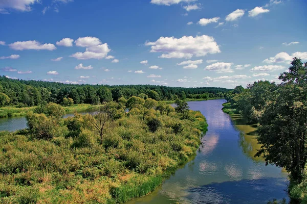 Krásná krajina zelený ostrov na dvou stranách, která ohýbá kolem řeky s rostoucí les na břehu proti modrá obloha s mraky. — Stock fotografie