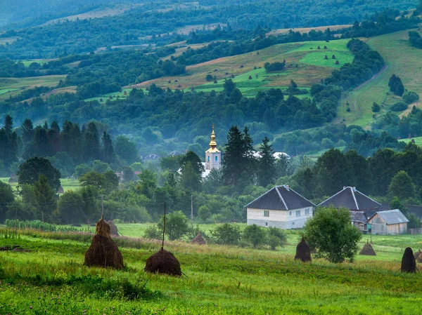 Abstieg durch den Heuboden mit Baumstämmen am Hang vom Tal zum Dorf im Nebel — Stockfoto