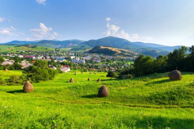 Yeşil vadi haystacks ile. Arka planda küçük bir kasaba var.