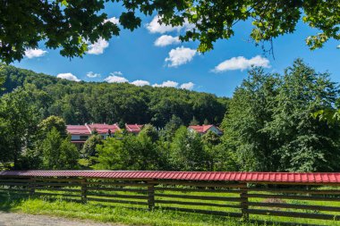 Bir çit ve bir çatı ve çatı kiremitleri ahşap güverte ile kırmızı çatılar ile çeşitli binalar çit
