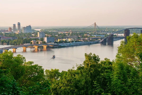 Panorama of Kiev with three bridges over Dnipro, Northern, Podolsky and Metro. Ukraine